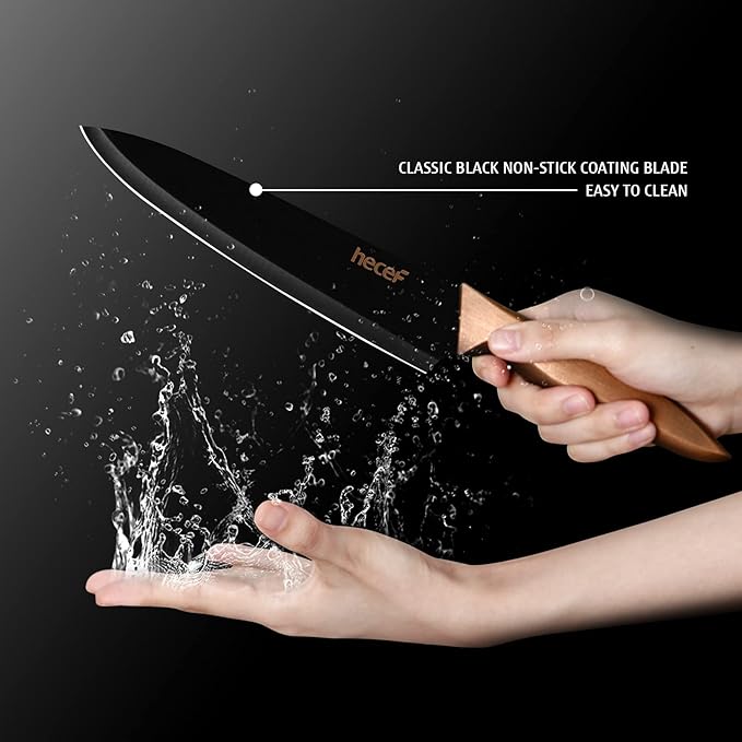 hecef Vintage Kitchen Knife Set, Stainless Steel Non-stick Black Coated Knives with Extra Sheaths, Includes Chef, Bread, Santoku, Utility and Paring Knife