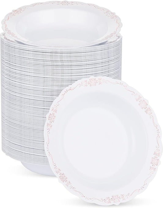 100 Pack White Plastic Bowls with Rose Gold Rim, 12oz Plastic Dessert Bowl, Bowls Disposable Heavy Duty for Hot Soup, Dessert, Salad, Cake, Ice Cream, Fruit