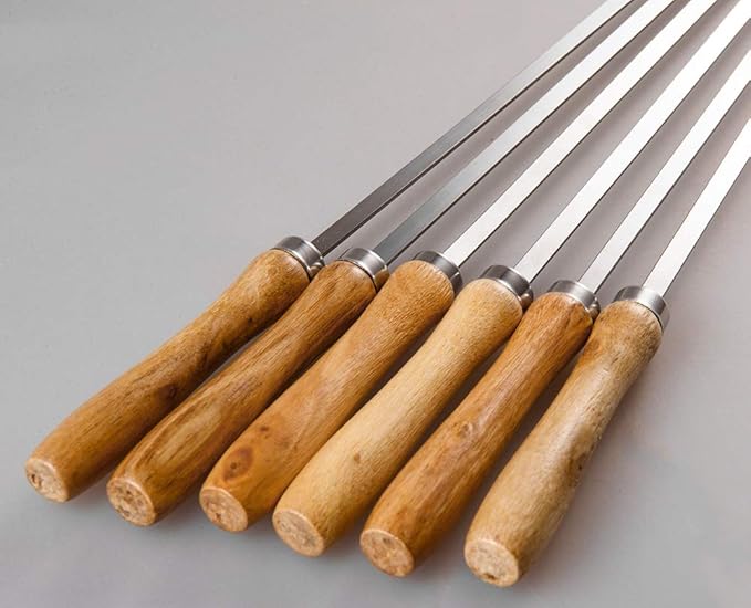 IMEEA Flat Skewers for Kabobs Stainless Steel Kebab Skewers for Grilling 16.5 Inch Barbecue Skewers with Nonslip Wooden Handle, Set of 12