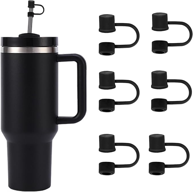 6PCS Silicone Straw Covers Cap Compatible with Stanley Cup 30-40 oz Tumbler with Handle 10mm Straw Toppers，Dust-Proof Reusable Straw Cover for Stanley Cup Accessories (Black)