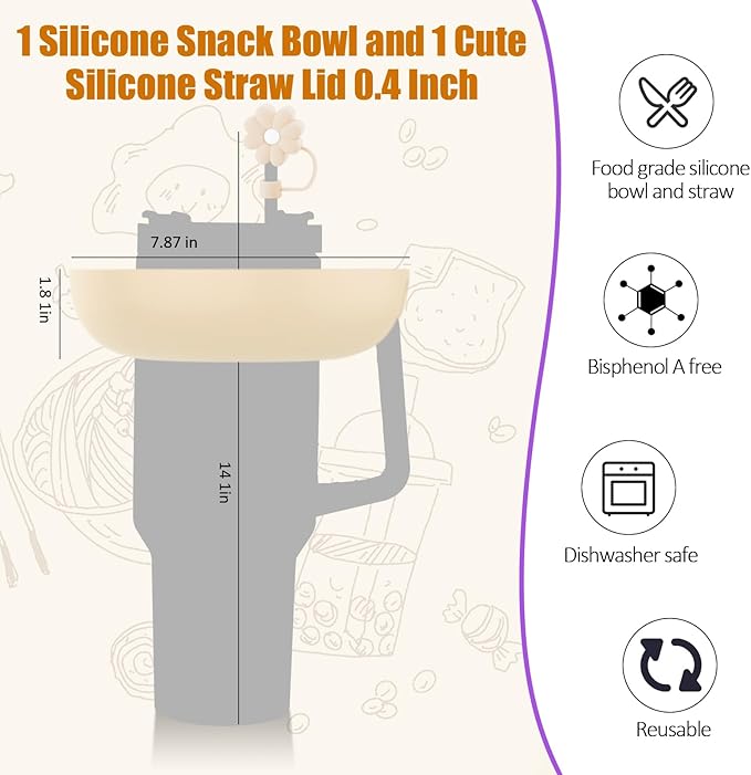 Snack Bowl for Stanley Cup 40 oz with Handle-Perfectly Compatible with Stanley Quencher H2.0 Tumbler 40 oz with Handle, Reusable Silicone Snack Tray, Stanley cup accessories (Cream Snack Bowl)