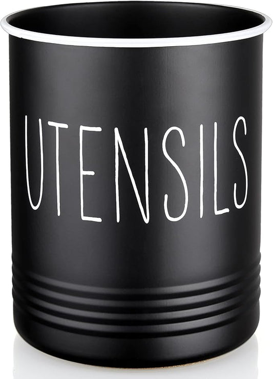 Kitchen Utensil Holder, 6.7" Utensil Holder for Kitchen Counter, Cooking Utensil Crock with Cork Bottom, Modern Farmhouse Decor, Countertop Utensil Storage Organizer Caddy, Black