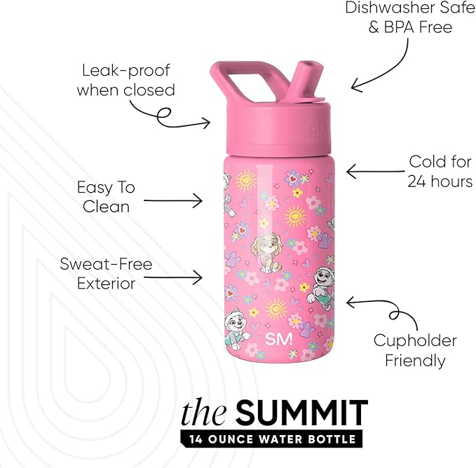 Simple Modern Kids Summit Water Bottle with Straw Lid | Paw Patrol 14oz Stainless Steel Cup Insulated Tumbler for Toddlers, School | Sunny Florals