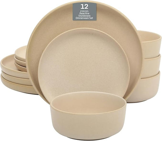 Gibson Elite Pasco 12 Piece (Service for 4) Plates and Bowls Reactive Glaze Dishes Stoneware Ceramic Dinnerware Set - Taupe