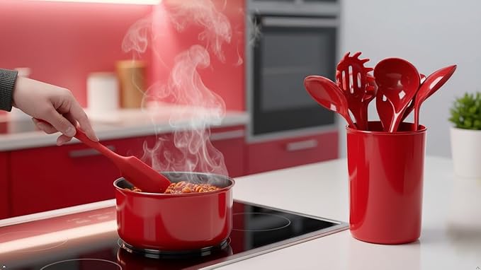Reston Lloyd 6 Piece Kitchen Utensil Holder for Kitchen Counter, Utensils Crock with Heat Resistant Spoon, Slotted Spoon, Ladle, Spatula BPA Free, Red
