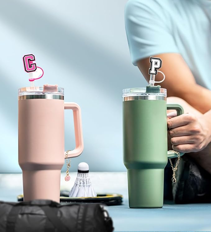 （3 +3) 3PCS Nuozme Straw Cover 10mm For Stanley Tumbler Cup Reusable Straw Cap Topper with 3 Initial Letter Charms Accessories Name ID Personalized Handle Charm For Stanley 30&40 Oz Cup Tumbler