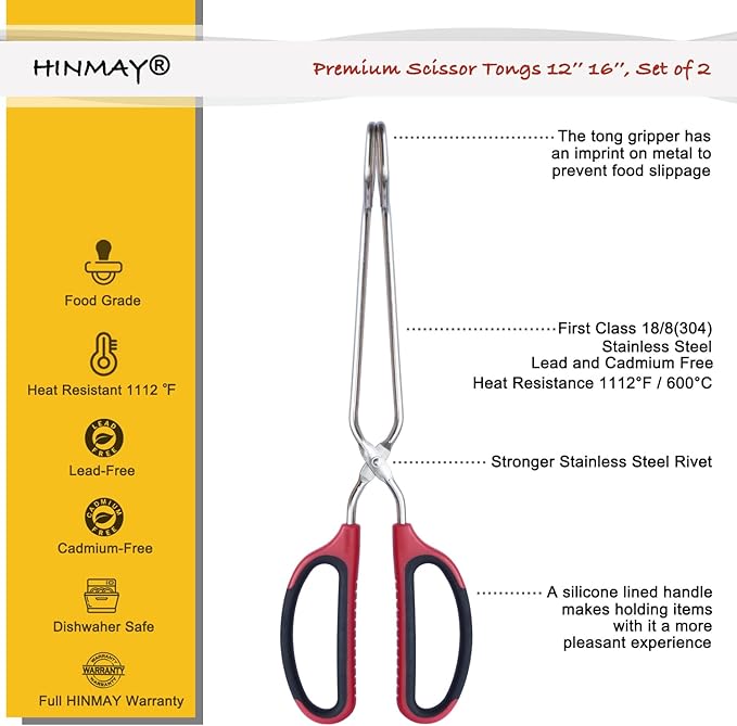 12" 16" Extra Long Stainless Steel Kitchen Tongs Set, Non-Slip Comfortable Red Grip, Scissor Design, Heat Resistant for Cooking Grilling and Serving