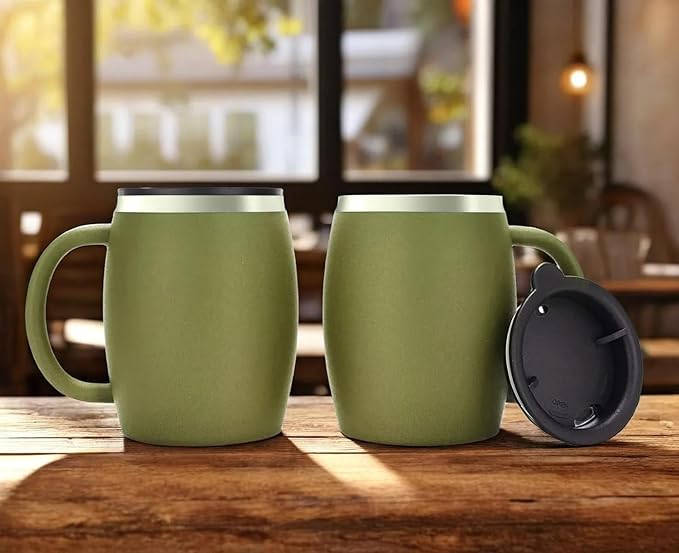 Stainless Steel Insulated Coffee Mugs Set of 2 (14oz) – Double Wall Coffee Cups With Spill Resistant Lid & Strong Handle, Shatterproof Cups for Cold Drinks, Hot Beverages, Indoor & Outdoor Use
