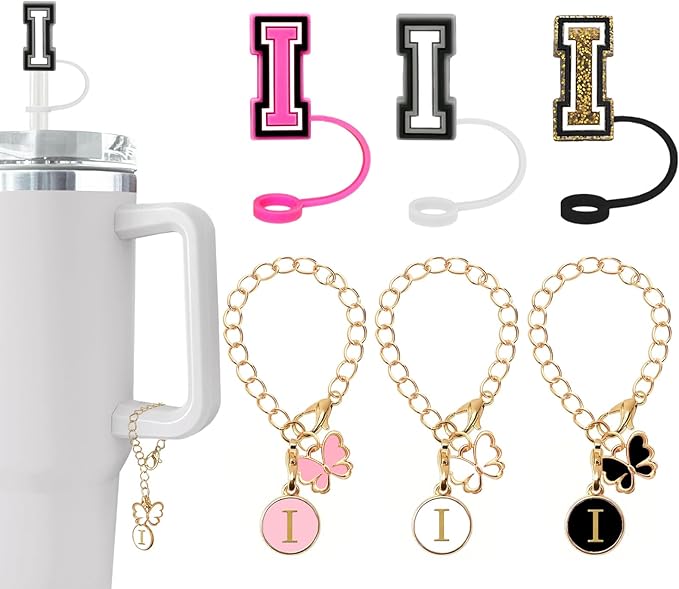 （3 +3) Nuozme Straw Cover Compatible with Stanley Tumbler Cup 3PCS Letter Straw Caps Toppers with 3 Initial Butterfly Charms Name ID For Stanley 30&40 Oz Cup