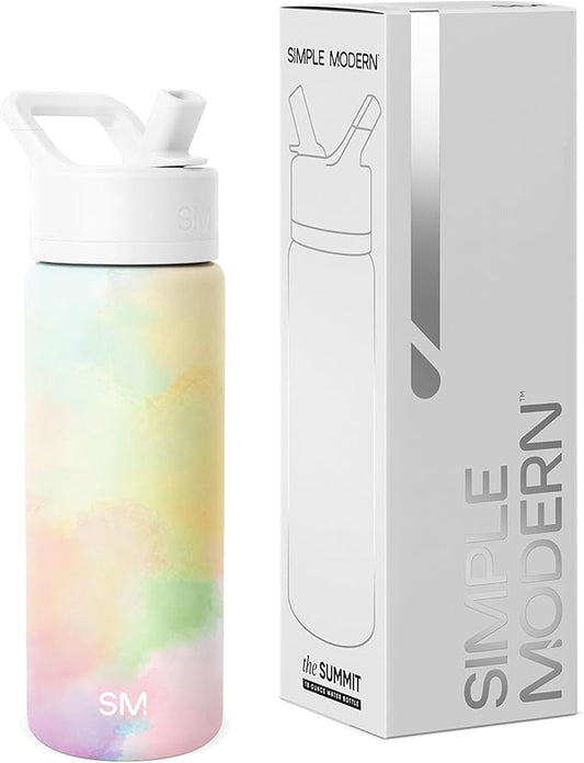 Simple Modern Kids Water Bottle with Straw Lid | Vacuum Insulated Stainless Steel Metal | Reusable Leak Proof BPA-Free Thermos for School | Summit Collection | 18oz, Cotton Candy Tie Dye