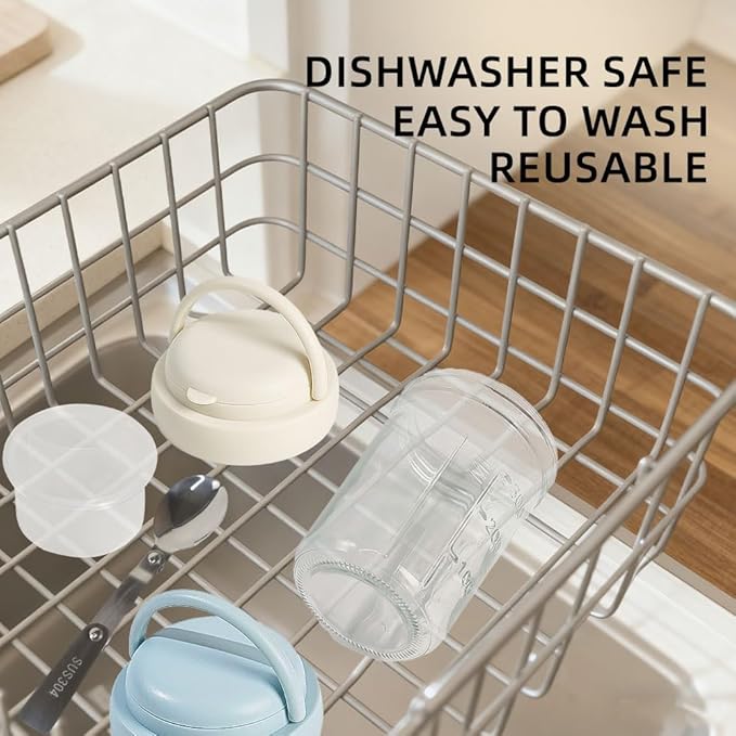 2 Pack Overnight Oats Containers with Lids and Handles, Folding Spoons & Divided Compartments for Fruit & Nuts, 16oz Glass Mason Jars for Oatmeal, Meal Prep & Breakfast (Cream 2pcs)