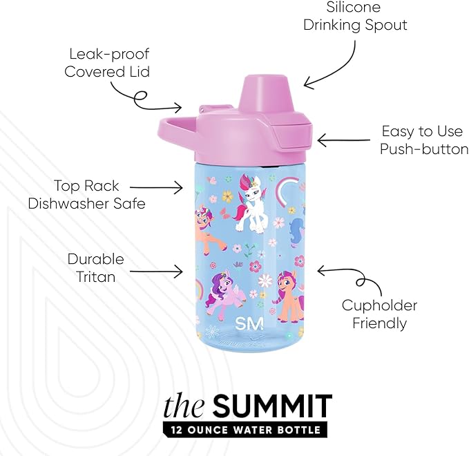 Simple Modern My Little Pony Kids Tritan Plastic Summit Water Bottle | 12 oz BPA-Free Cup with Covered Leak Proof Straw Lid for Girls, Toddlers | Garden of Rainbows