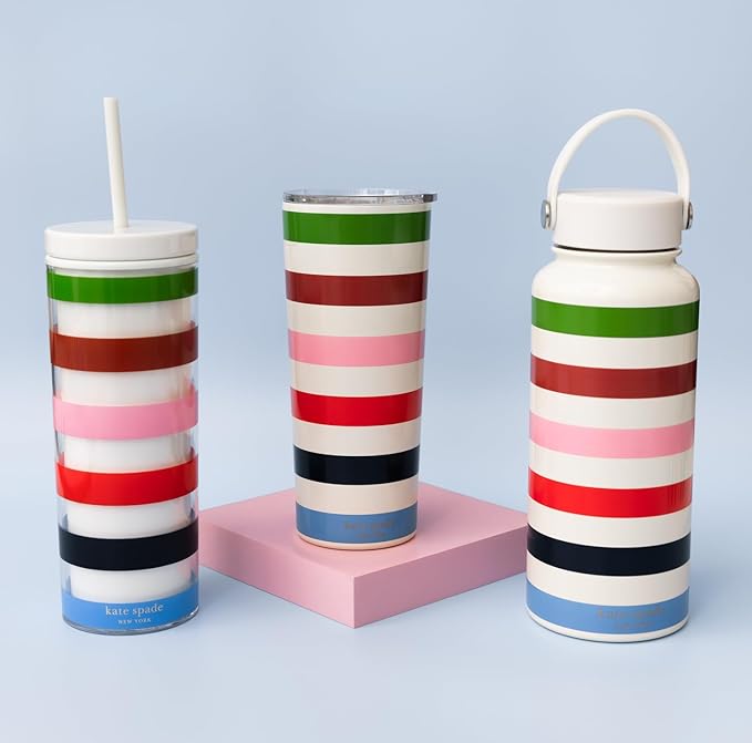 kate spade new york Acrylic Tumbler with Lid and Straw, 24 oz Tumbler, Slim Double Wall Tumbler, Adventure Stripe
