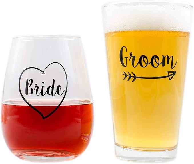 Cute Wedding Gifts - Bride and Groom Novelty Wine Glass and Beer Glass Combo - Engagement Gift for Couples