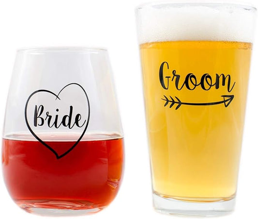 Cute Wedding Gifts - Bride and Groom Novelty Wine Glass and Beer Glass Combo - Engagement Gift for Couples