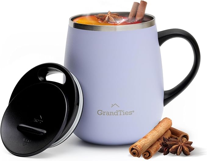 GRANDTIES Insulated Coffee Mug with Handle - Sliding Lid for Splash-Proof 16oz Wine-Glass Shape Thermal Tumbler with Double Walled Vacuum Stainless Steel to Keeps Beverages Hot or Cold-Sanctuary