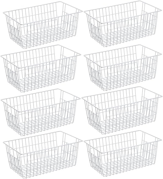 SANNO Freezer Baskets Pantry Storage Bins, Farmhouse Wire Storage Baskets Organizer Storage Bins Large Organizer Bins for Kitchen Organization Storage-Set of 8,White