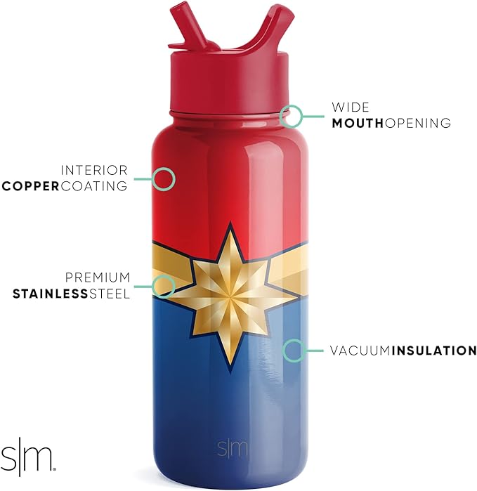 Simple Modern Marvel Water Bottle with Straw Lid Vacuum Insulated Stainless Steel Metal Thermos | Gifts for Women Men Reusable Leak Proof Flask | Summit Collection | 32oz Captain Marvel