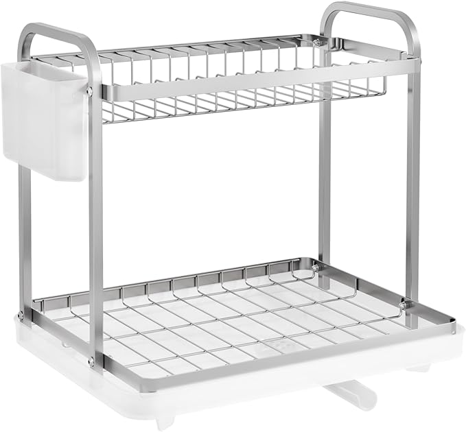 2-Tier Dish Drying Rack - Stainless Steel Dish Rack with Cutlery & Utensil Holders for Kitchen Counter, Sink Organization and Storage Essentials, Home Decor, 15" W x 11.4" L x 15" H, Silver