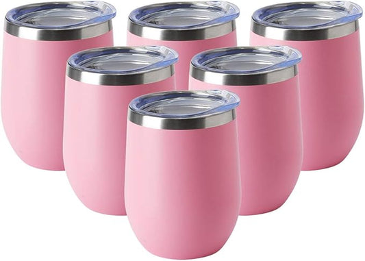 HASLE OUTFITTERS 12oz Wine Tumbler with Lid Stemless Wine Glasses Double Wall Vacuum Travel Mugs stainless steel Coffee Cup for Cold & Hot Drinks Wine Coffee Cocktails Beer 6 Pack Pink
