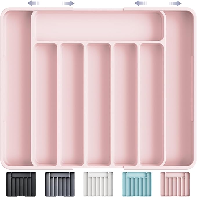 Kitsure Cutlery Drawer Organiser for Kitchen - Adjustable Cutlery Tray for Effortless Utensil Sorting, Versatile Kitchen Storage & Organisation Solution, 13.70" x 1.54" x 10.94"~20.08", Pink