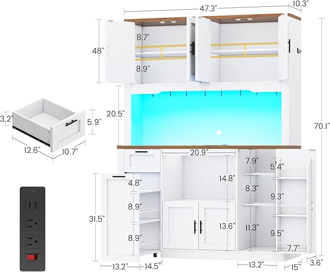 Itaar 71" Pantry Cabinet with Charging Station and LED Light, Kitchen Pantry Cabinet with Microwave Stand, 47.2" Wide Kitchen Storage Cabinets with Storage Cart 3 Tier for Dining Room, White