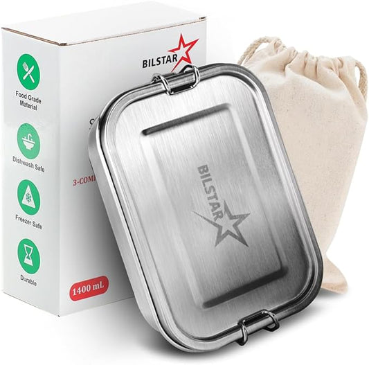 Stainless Steel Bento For Kids and Adults | Steel Lunch Box for School| Leak-Proof Food Containers | Metal Lunchbox for Work | Eco-Friendly| Leak-Proof| ((47 oz) - 3 Fixed Compartment)