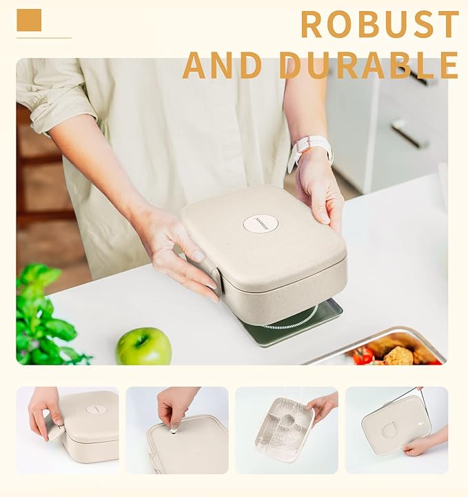 Bento Lunch Box, 5 Compartments Lunch Container for Kids/Adults with Snack cup, Wheat Fiber Eco-Friendly Double Insulated Boxes, Dishwasher and Microwave Safe, BPA-Free (White)