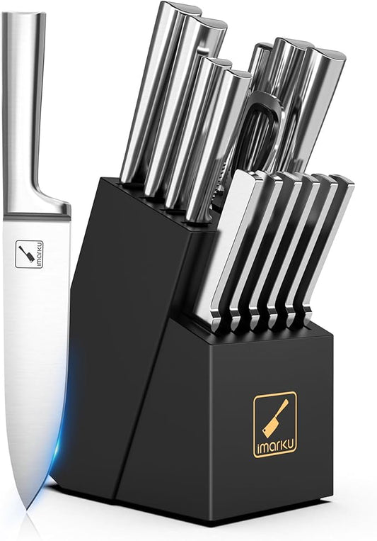 imarku Knife Set - 15PCS Kitchen Knife Set Japanese High Carbon Stainless Steel Knives Set for Kitchen, Dishwasher Safe Ultra Sharp Professional Chef Well Balance Knife Block Set, Black