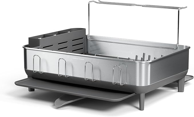 simplehuman Large Capacity Dish Drying Rack with Stainless Steel Frame, 360º Easy Drain Swivel Spout, Utensil & Wine Glass Holder, Anti-Residue Coating, Moisture Control Surface, Grey