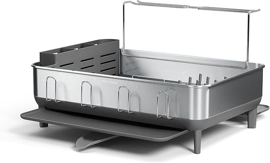 simplehuman Large Capacity Dish Drying Rack with Stainless Steel Frame, 360º Easy Drain Swivel Spout, Utensil & Wine Glass Holder, Anti-Residue Coating, Moisture Control Surface, Grey