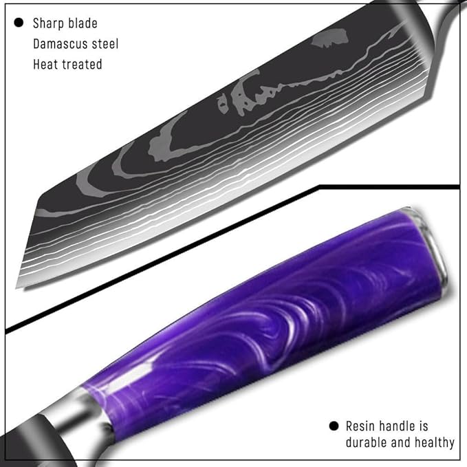 8-Piece Premium Japanese Kitchen Knife Set - Imperial Collection, Laser Damascus Pattern, 440A Stainless Steel Ultra Sharp for Fast Cutting (DMS-8A-Purple)