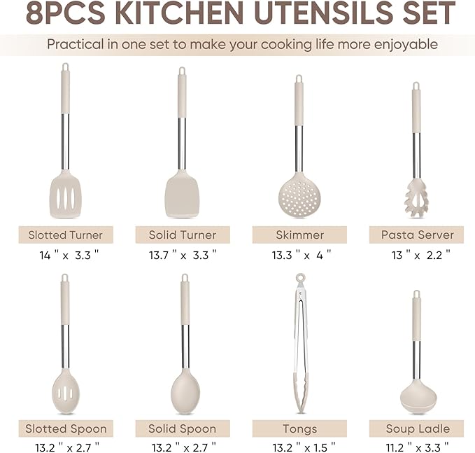 TeamFar Kitchen Utensils Set of 8, Silicone Utensils Kitchen Tools Set with Stainless Steel Handle, for Frying Serving Flipping Draining, Non-toxic & Heatproof, Nonstick & Dishwasher Safe - Khaki