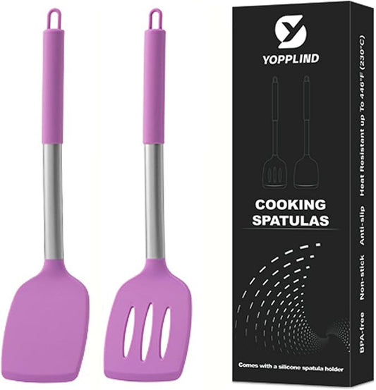 3Piece Silicone Spatula Set, Heat-Resistant, Non-Stick Kitchen Spatulas, BPA-Free, for Eggs, Pancakes, Fish, Woks, Includes Multifunctional shelf spoon pad (purple)