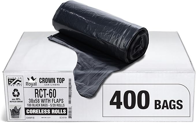 Aluf Plastics RCT-60 Star Sealed Coreless Rolls with E-Z Tie Flap Closure, 60 gal, Polyethylene, 38" x 58", Black (Pack of 400)