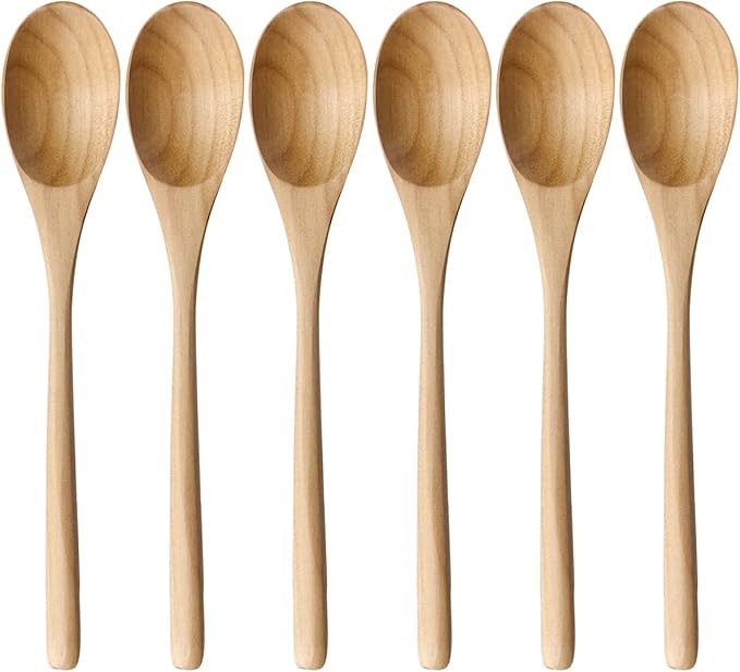 AOOSY Wooden Spoons for Cooking, 9 Inches 6 Pieces Japanese Natural Ellipse Wooden Spoon Set for Cooking Mixing Stirring Honey Tea Soda Dessert Coconut Bowl Nonstick Pots Kitchen