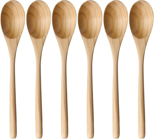 AOOSY Wooden Spoons for Cooking, 9 Inches 6 Pieces Japanese Natural Ellipse Wooden Spoon Set for Cooking Mixing Stirring Honey Tea Soda Dessert Coconut Bowl Nonstick Pots Kitchen