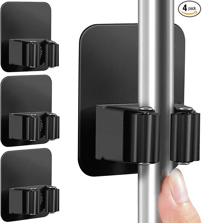 4 Pack Broom Holder Wall Mount, Improved Super Anti-Slip Mop and Broom Holder Wall Mount, Broom Hanger Gripper for Kitchen, Bathroom, Closet, Garden Garage, Black