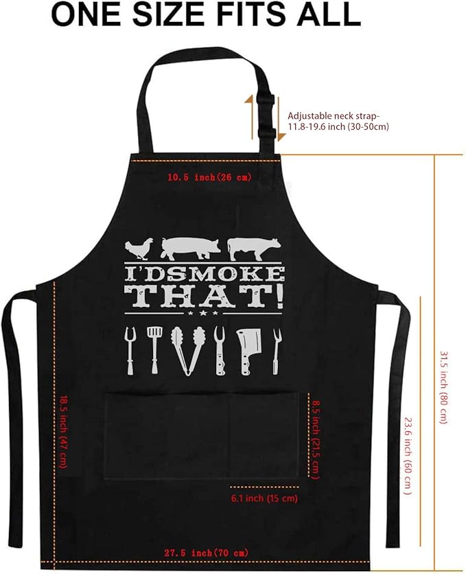 Funny Apron for Dad – I’D Smoke That – Father’s Day BBQ Gift for Men – One Size Fits Most – Black Cooking Apron with 3 Pockets for Husband, Boyfriend