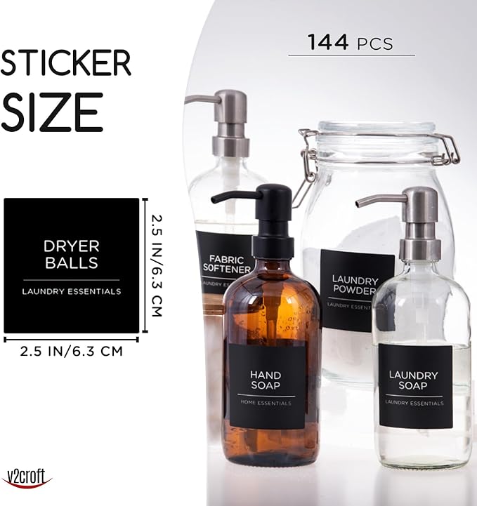 144 PCS Minimalist Laundry Room Labels Set, Water Resistant Stickers,Water/Oil Resistant Stickers for Laundry Room, Linen Closet Home Bathroom and The Beauty Organization（Black