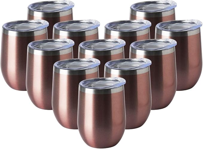 HASLE OUTFITTERS 12oz Wine Tumbler with Lid Stemless Wine Glasses Double Wall Vacuum Travel Mugs stainless steel Coffee Cup for Cold & Hot Drinks Wine Coffee Cocktails Beer 12 Pack Rose Gold