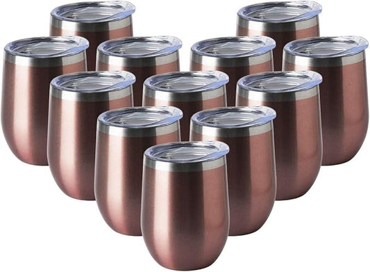 HASLE OUTFITTERS 12oz Wine Tumbler with Lid Stemless Wine Glasses Double Wall Vacuum Travel Mugs stainless steel Coffee Cup for Cold & Hot Drinks Wine Coffee Cocktails Beer 12 Pack Rose Gold