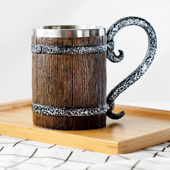 Arola Handmade Wooden Barrel Beer Mug, Stainless Steel Vintage Beer Cup, Medieval Drinkware Mug for Coffee/Beverage/Juice17oz Gift for Men.