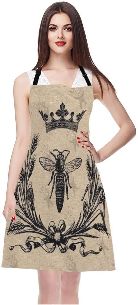 EKOBLA Bee Aprons Vintage Queen Bees Retro Crown Floral Ear Bowknot Black Waterproof Resistant Chef Cooking Kitchen BBQ Adjustable Aprons for Women Men 27x31 Inch