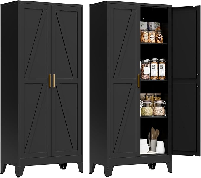 61" Tall Metal Pantry Cabinet, Kitchen Storage Cabinet with 2 Doors and 3 Adjustable Shelves for Kitchen, Living Room, Dining Room, Bathroom and Home, Office (Black, 61" H)