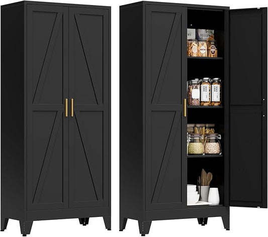 61" Tall Metal Pantry Cabinet, Kitchen Storage Cabinet with 2 Doors and 3 Adjustable Shelves for Kitchen, Living Room, Dining Room, Bathroom and Home, Office (Black, 61" H)