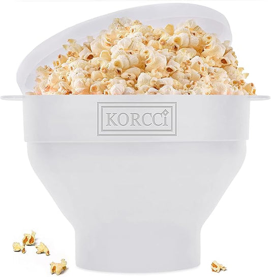 The Original Korcci Microwaveable Silicone Popcorn Popper, Microwave Popcorn Popper, Collapsible Microwave Popcorn Maker Bowl, No Oil Required, Use In Microwave, Dishwasher Safe (White)