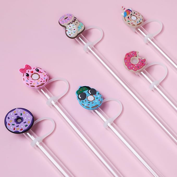 6PCS Straw Covers for Stanley Cup Tumbler 30 oz / 40 oz Leak Proof Straw Toppers 10mm Silicone Cute Caps for Stanley Cup Accessories-Donut