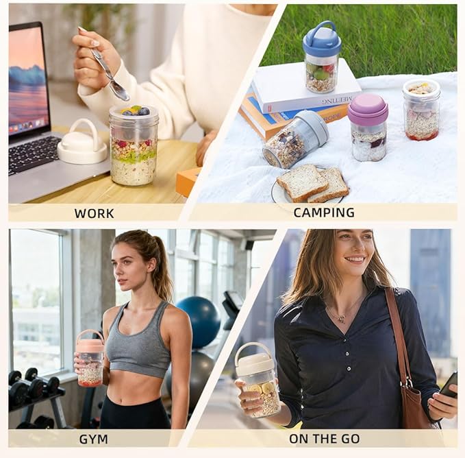 2 Pack Overnight Oats Containers with Lids and Handles, Folding Spoons & Divided Compartments for Fruit & Nuts, 16oz Glass Mason Jars for Oatmeal, Meal Prep & Breakfast (Cream 2pcs)