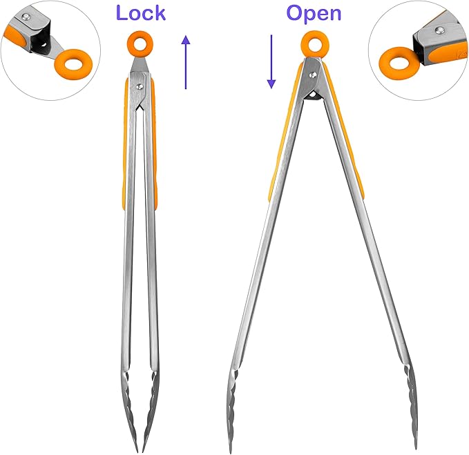 304 Stainless Steel Kitchen Cooking Tongs, 14" and 16" Set of 2 Sturdy Grilling Barbeque Brushed Locking Food Tongs with Ergonomic Grip, Orange